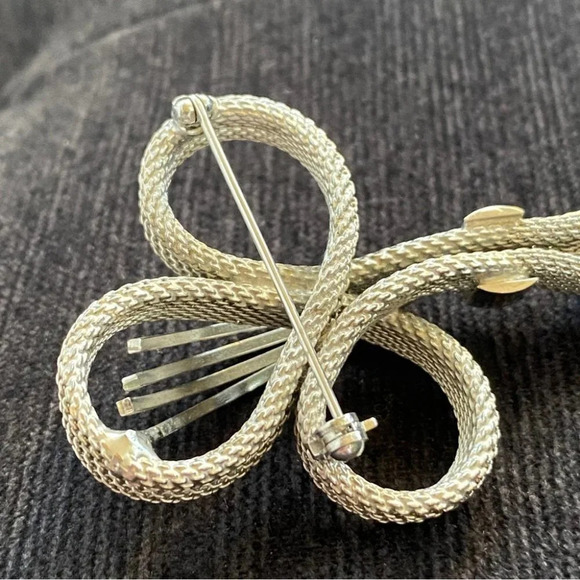 Vintage Art  Nouveau Silver Bow Modernist Brooch Pin with Dangling Tassels - Picture 4 of 8